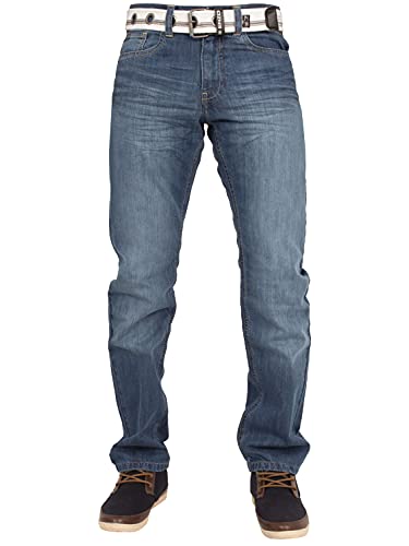 Herren Enzo steinwäsche Gerade Regular Fit Klassisch einfach Jeans Hose mit kostenlosen Gürtel - Mitte steinwäsche, 44W x 30L von Ze ENZO