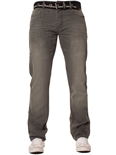 Herren Enzo steinwäsche Gerade Regular Fit Klassisch einfach Jeans Hose mit kostenlosen Gürtel - grau, 48W x 32L von Ze ENZO