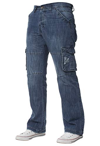 Ze ENZO für Herren Maschinenwaschbare Designer Frachtkampf Denim Hose aus 70% Baumwolle, 30% Polyester mit lockerer Passform, Knopf- und Kordelzugverschluss 38W / 34L Mittlerer Stonewash von Ze ENZO