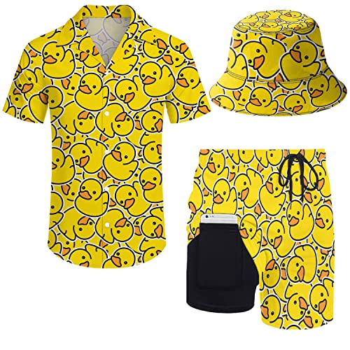 ZePinger Herren-Set aus Hemd und Shorts, Canvas, 2-teilig mit Button-Down-Hemd, Shorts und Fischerhut, gelbe Ente, Größe: M von ZePinger