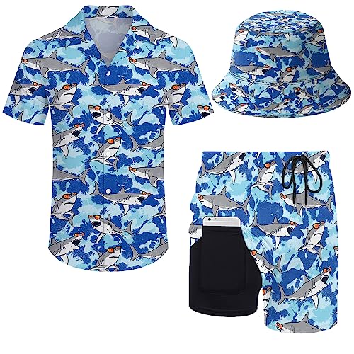 ZePinger Herren 80er Jahre Hemd und Shorts Sets 2 Stück 80er 90er Jahre Outfit Button Down 90er Hemd Anzüge mit Bucket Hats, Sharks Tie Dye Blau, X-Large von ZePinger