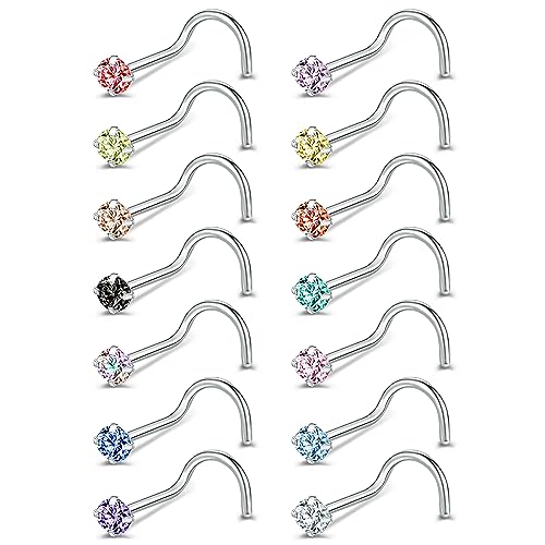 ZeSen Jewelry 6-14 Stück 20 Gauge Winzige CZ Nasenstecker L-förmige Nasenring Set Edelstahl Nasenpiercing Spirale Schmuck für Frauen/Herren (14 Stück Nasenpiercing Spirale (Mischfarbe)) von GRTLPOK
