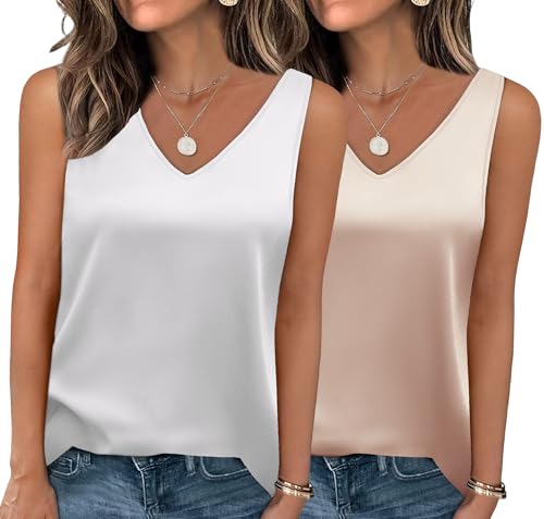 Zeagoo 2 Stück Damen Satin Tank Top Seide Unterhemden Cami Camisole V-Ausschnitt Basic Tanks Weiß und Champagner XXL von Zeagoo