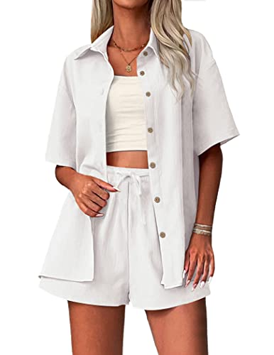 Zeagoo 2-teiliges Damen-Outfit-Set, Baumwoll-Leinenhemd und kurze Hose mit Kordelzug, Sommerurlaubsset, lässige Trainingsanzüge, Weiss/opulenter Garten, M von Zeagoo