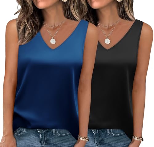 Zeagoo 2er Pack Tank Top Damen Satin V Ausschnitt Oberteile Ärmellos Satinbluse Sommer Seidentop Elegant Bluse Schwarz/Navy Blau XXL von Zeagoo