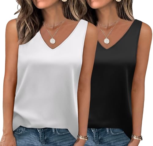 Zeagoo 2er Pack Tank Top Damen Satin V Ausschnitt Oberteile Ärmellos Satinbluse Sommer Seidentop Elegant Bluse Schwarz Weiß XXL von Zeagoo
