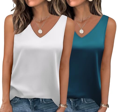 Zeagoo 2er Pack Top Damen Satin Ärmellose Oberteile Sommer Seidentop V-Ausschnitt Einfarbig Elegant Bluse Weiß und Grün M von Zeagoo