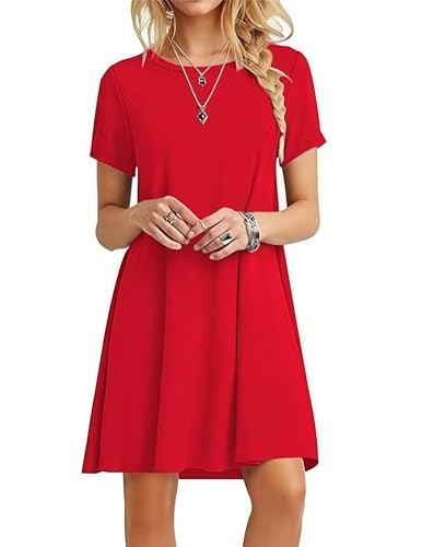 Zeagoo Damen Sommerkleid Kurzarm Rundhals Tshirt Kleid Knielang Sommer Kleider mit Taschen Leicht Luftig T Shirtkleid Rot M von Zeagoo