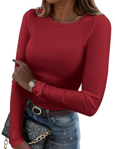 Zeagoo Langarmshirt Damen Slim Fit Basic T-Shirts Rundhals Stretch Pullover Elegant Gerippt Oberteil Casual Einfarbig Tops Redwine XXL von Zeagoo