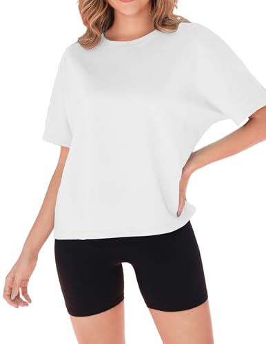 Zeagoo Oversize Shirt Damen Sommer Sport T-Shirt Locker Halbarm Basic Tops Einfarbig Rundhals Tshirt Square Naht Weiß M von Zeagoo