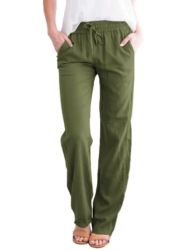 Zeagoo Damen Hose Lang Sommer Hosen Freizeithose Einfarbig Hohe Taille Hose Stoffhose Lose Palazzo mit Taschen Armeegrün L von Zeagoo
