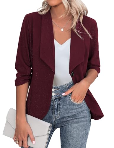 Zeagoo Blazer Damen Elegant Sportlich 3/4 Arm Business Jacke Offene Front Arbeit Büro Jacke Blazer Weinrot M von Zeagoo