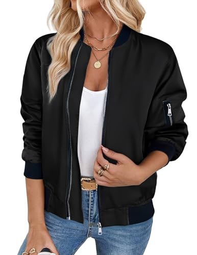 Zeagoo Blouson Damen Herbst Dünn Bomberjacke Vintage College Jacke Lässig Coat mit 2 Taschen Reißverschluss Schwarz L von Zeagoo