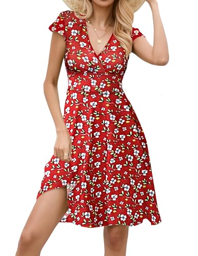 Zeagoo Blumenkleid Damen Knielang Sommer V Ausschnitt A Linie Blümchenkleid Rot Wickelkleid Kurze Ärmeln Jersey Kleider 42 XL von Zeagoo