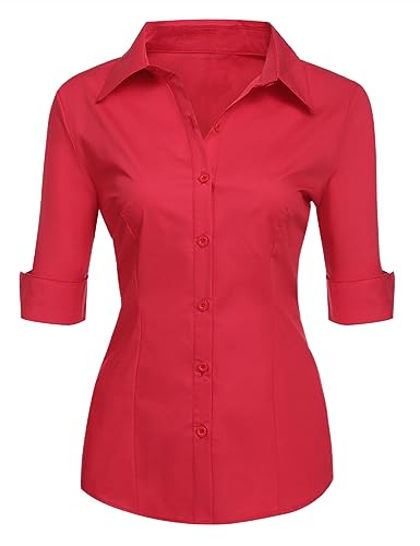 Zeagoo Bluse Damen 3/4 Arm Hemdbluse mit Knöpfen Blusen Slim Fit Klassisch Tunika Einfarbige Arbeitshemd Rot XXL von Zeagoo