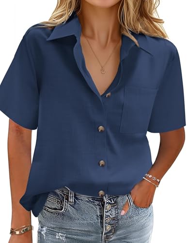 Zeagoo Hemdbluse Damen Baumwolle Hemden Sommer Leinenbluse V-Ausschnitt Button-Down Hemdbluse Elegant Blusenshirt Revers Kragen Blusehemd Einfarbig Oberteile Kurzarm Hemd Basic Shirt Marineblau M von Zeagoo