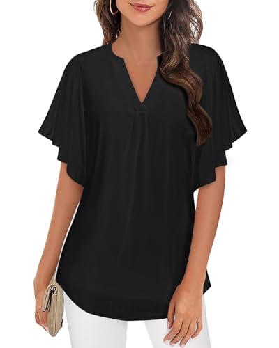 Zeagoo Damen Bluse Kurzarm Blumen Tunika Shirt Elegant Doppellagig V-Ausschnitt Mesh Locker Shirts Schwarz XL von Zeagoo