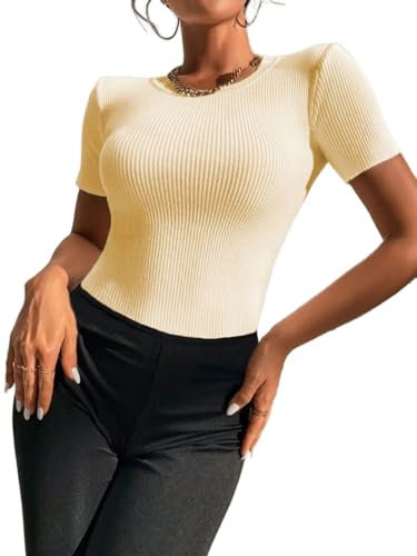 Zeagoo Bluse Damen Crop Top Slim Fit Wickel Kurz Shirt T-Shirt Feinstrick BustierOberteil Einfarbig Elegant Kurzarm Soft Casual Kurzarmshirt Tunika Shirt Frauen Dünne Kurze Ärmel Beige M von Zeagoo