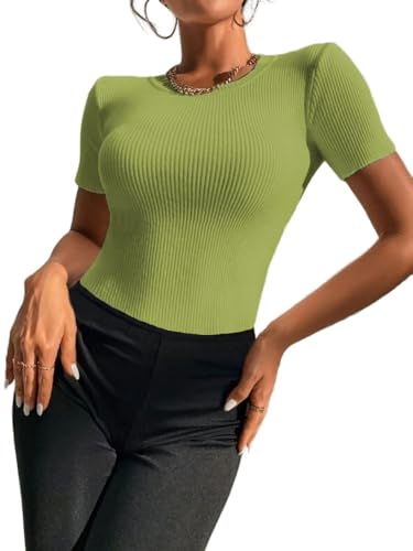 Zeagoo Bluse Damen Crop Top Slim Fit Wickel Kurz Shirt T-Shirt Feinstrick BustierOberteil Einfarbig Elegant Kurzarm Soft Casual Kurzarmshirt Tunika Shirt Frauen Dünne Kurze Ärmel Grün M von Zeagoo