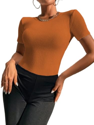 Zeagoo Bluse Damen Crop Top Slim Fit Wickel Kurz Shirt T-Shirt Feinstrick BustierOberteil Einfarbig Elegant Kurzarm Soft Casual Kurzarmshirt Tunika Shirt Frauen Dünne Kurze Ärmel Orange M von Zeagoo