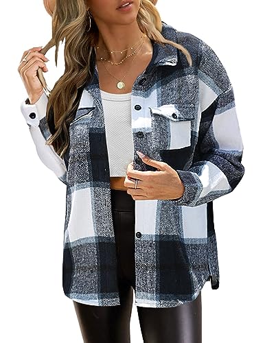Zeagoo Bluse Damen Dicker Wollmischung Karierter Jacke Button Down Langarm Hemd Loose Casual Flanell Hemd Blau L von Zeagoo
