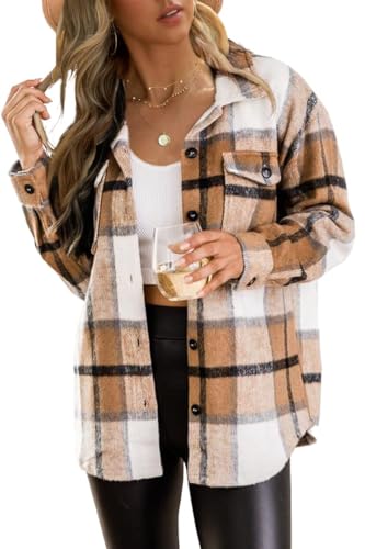 Zeagoo Bluse Damen Dicker Wollmischung Karierter Bluse Damen Button Down Langarm Shirt Hemd Bluse Loose Casual Braun Weiß L von Zeagoo