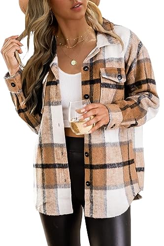 Zeagoo Hemdjacke Damen Dicker Wollmischung Karierter Bluse Damen Button Down Langarm Shirt Karo Jacke Braun Weiß L von Zeagoo