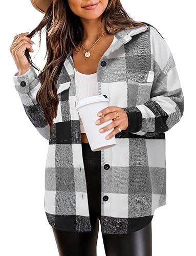 Zeagoo Bluse Damen Dicker Wollmischung Karierter Bluse Damen Button Down Langarm Shirt Hemd Bluse Loose Casual Grau Weiß L von Zeagoo