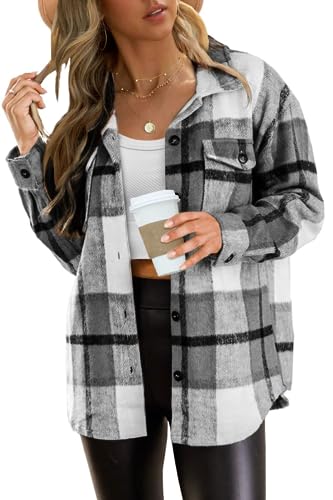 Zeagoo Bluse Damen Dicker Wollmischung Karierter Bluse Damen Button Down Langarm Shirt Hemd Bluse Loose Casual Schwarz XL von Zeagoo