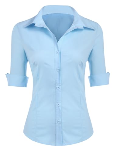 Zeagoo Bluse Damen Elegant 3/4 Ärmln Bluse V-Ausschnitt Slim Fit Geknöpfte Tunika Baumwolle Frauen Shirt Sommer Seeblau S von Zeagoo
