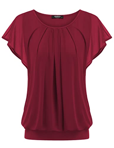 Zeagoo Bluse Damen Elegant Kurzarm Rundhals Top Blumen Mesh Oberteile Batwing Weinrot M von Zeagoo