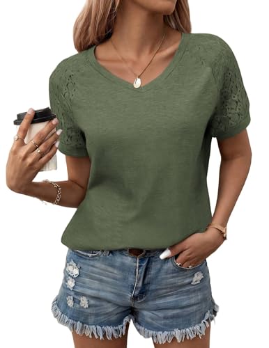Zeagoo Damen T-Shirt Kurzarm V-Ausschnitt Oberteile Sommer Locker Einfarbig Bluse Casual Basic Shirt Tops Grün XXL von Zeagoo