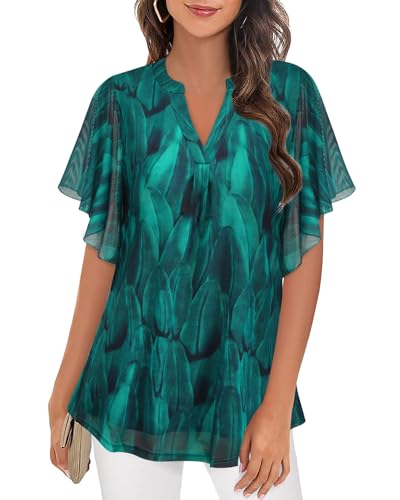 Zeagoo Bluse Damen Elegant Kurzarm V-Ausschnitt Top Blumen Mesh Oberteile Batwing Blau-Muster D L von Zeagoo