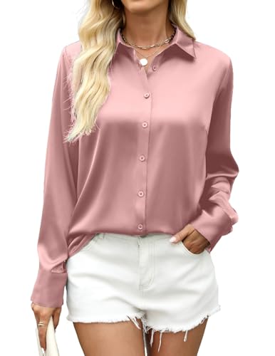 Zeagoo Bluse Damen Elegant Satin V-Ausschnitt Hemden Langarm Satinblusen Button Down Business Shirts Lässige Oberteil Tops Rosa L von Zeagoo
