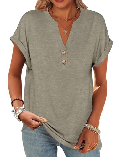 Zeagoo Oberteile Damen Elegant V-Ausschnitt Kurzarm T-Shirt Locker Casual Basic Tshirt Sommer Blusenshirt Grau S von Zeagoo