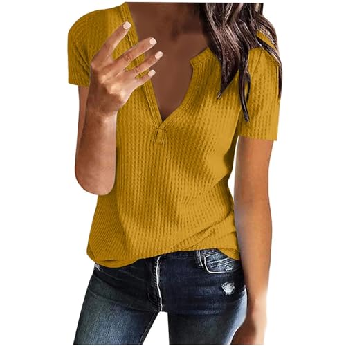 Zeagoo Bluse Damen Elegant mit Tasche Tunika Oberteile für Arbeit Blusen Business Outfit kurzarmCasual Hemd V-Ausschnitt Hemdbluse Gelb XXXL von Zeagoo