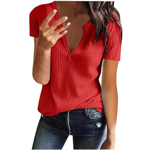 Zeagoo Bluse Damen Elegant mit Tasche Tunika Oberteile für Arbeit Blusen Business Outfit kurzarmCasual Hemd V-Ausschnitt Hemdbluse Rot XXXL von Zeagoo