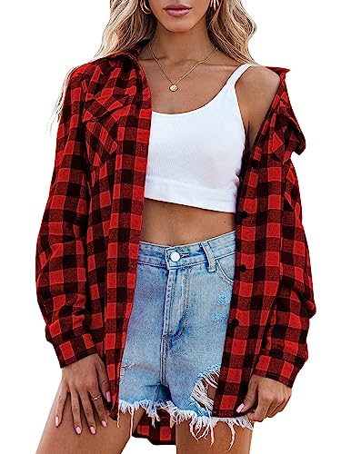 Zeagoo Karohemd Damen 3/4 Ärmeln Kariert Bluse V-Ausschnitt Casual Oberteile Trachtenbluse Oktoberfest Hemd Holzfällerhemd Baumwolle Shirt Top Blau L A-Rot L von Zeagoo