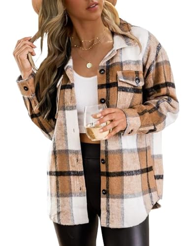 Zeagoo Bluse Damen Dicker Wollmischung Karierte Hemd Button Down Langarm Jacke Loose Casual Übergangsjacke Braun Weiß L von Zeagoo