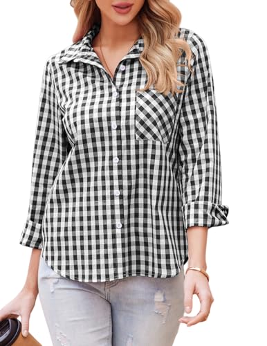 Zeagoo Hemd Kariert Damen Bluse Karo Trachtenbluse Button-Down Hemdbluse Oktoberfest Holzfällerhemd SchwarzWeiß M von Zeagoo