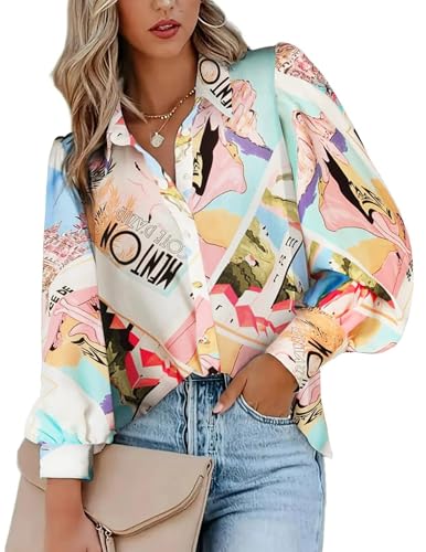 Zeagoo Bluse Damen Knöpfe Casual Elegant Hemd Langarm V-Ausschnitt Hemdbluse Sommer Herbst Mehrfarbig Oberteile mit Knöpfen Mehrfarbig-1 M von Zeagoo