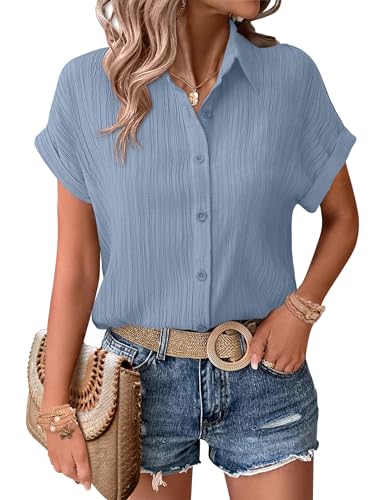 Zeagoo Bluse Damen Sommer Hemdbluse Modern Blusen Kurzarm Hemd Einfarbig Button Down Shirt Women Hellblau XL von Zeagoo