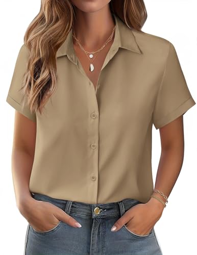 Zeagoo Bluse Damen Kurzarm Sommer Baumwolle Hemden Elegant V-Ausschnitt Hemdbluse Button Down Blusen Tops Tunika Shirts Basic T-Shirt Khaki XL von Zeagoo
