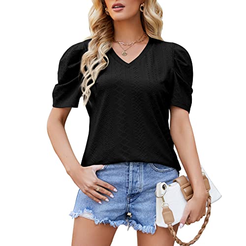 Zeagoo Bluse Damen Kurzarm Sommer V-Ausschnitt T-Shirt Schwarz Damenhemden Casual Solid Hohl Bubble Sleeves Lose Kurze Oberteile, XL von Zeagoo