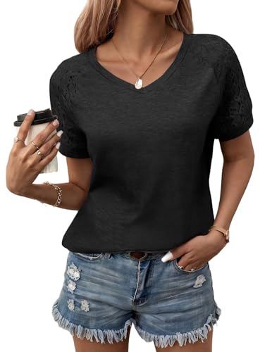 Zeagoo Bluse Damen Kurzarm T-Shirt Sommer Basic V Ausschnitt Tshirt Locker Lässig Oberteile Schwarz XXL von Zeagoo