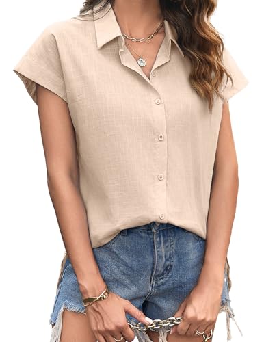 Zeagoo Bluse Damen Sommer Kurzarm Leinenbluse 100% Baumwolle Hemdbluse Elegant V-Ausschnitt Oberteile Oversized Musselin Hemd Casual Knopf Sommerblusen A-Champagner XL von Zeagoo
