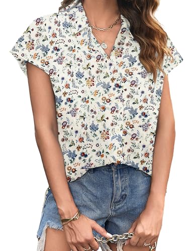 Zeagoo Damen Bluse Sommer Kurzarm Hemd 100% Baumwolle Leinenbluse Elegant V-Ausschnitt Sommerblsuen Lässig Leinen Hemd Floral Beige S von Zeagoo