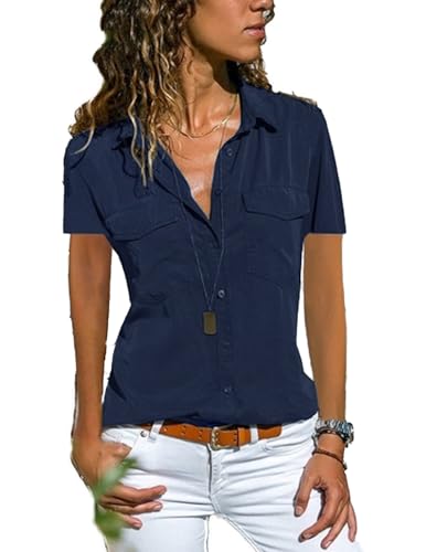 Zeagoo Bluse Damen Lässiges Kurzarm Hemdbluse Elegant V-Ausschnitt Oberteile Solide Blusenshirt mit Tasche Tunika Tops Sommer Dunkelblau L von Zeagoo