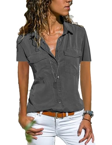 Zeagoo Bluse Damen Lässiges Kurzarm Hemdbluse Elegant V-Ausschnitt Oberteile Solide Blusenshirt mit Tasche Tunika Tops Sommer Grau S Zeagoo Bluse Damen Lässiges Kurzarm Hemdbluse Elegant V-Ausschnitt Oberteile Solide Blusenshirt mit Tasche Tunika Tops Sommer Grau S von Zeagoo