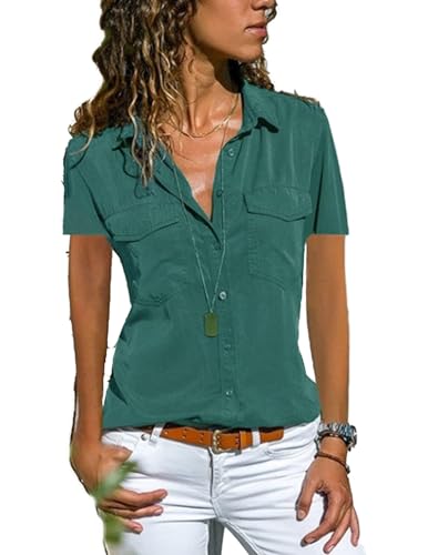 Zeagoo Bluse Damen Lässiges Kurzarm Hemdbluse Elegant V-Ausschnitt Oberteile Solide Blusenshirt mit Tasche Tunika Tops Sommer Grün S von Zeagoo